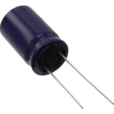 En cylindrisk blå elektrolytkondensator med två utstickande metallanslutningar.