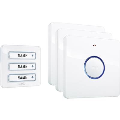 Vit dörrtelefon med tre namnfält till vänster och en central, blå lysande ring till höger. Modernt design.