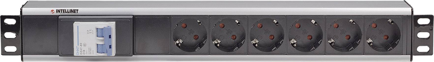 Grenuttag med sex uttag och inbyggd skyddsbrytare, monterbar på vägg- eller rackfäste.