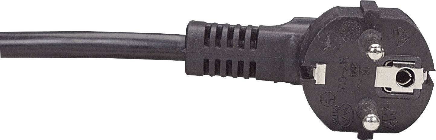 En svart, tvåpolig eurokontakt med Schuko-design och synliga stiftkontakter. Lämplig för europeiska eluttag.