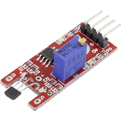 En röd elektronisk sensormodul med blå trimmer, svarta anslutningslist och svart chip. Använd i mikrocontrollerprojekt.