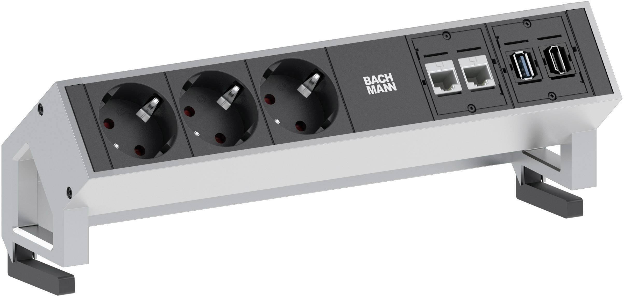 Grenuttag med tre Schuko-uttag och anslutningar för nätverk och USB, monterad på en metallram.