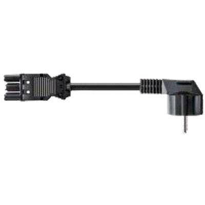 Strömkabeladapter med en vinklad kontakt och tre öppna uttag.