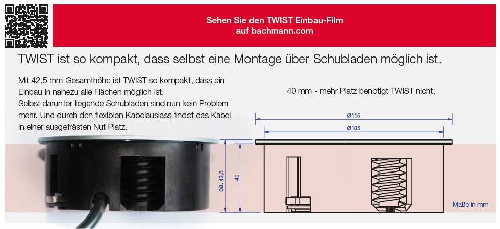 'TWIST är så kompakt att montering över lådor är möjlig. Den kräver bara 40 mm utrymme'. Diagrammet visar mått och platsbehov.