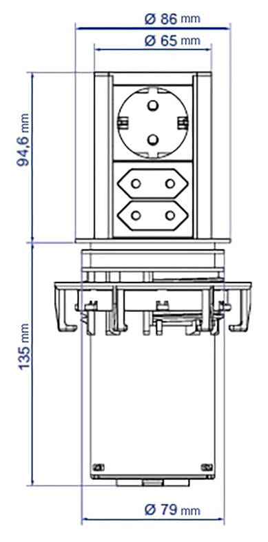 Teknisk ritning av ett eluttag med mått: höjd 135 mm, bredder 86 mm och 65 mm, med ytterligare detaljmått.