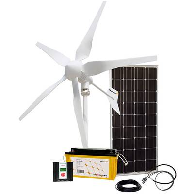 Vindkraftverk och solpanel med batteri och tillbehör. Set för produktion av förnybar energi, perfekt för autonom elförsörjning.