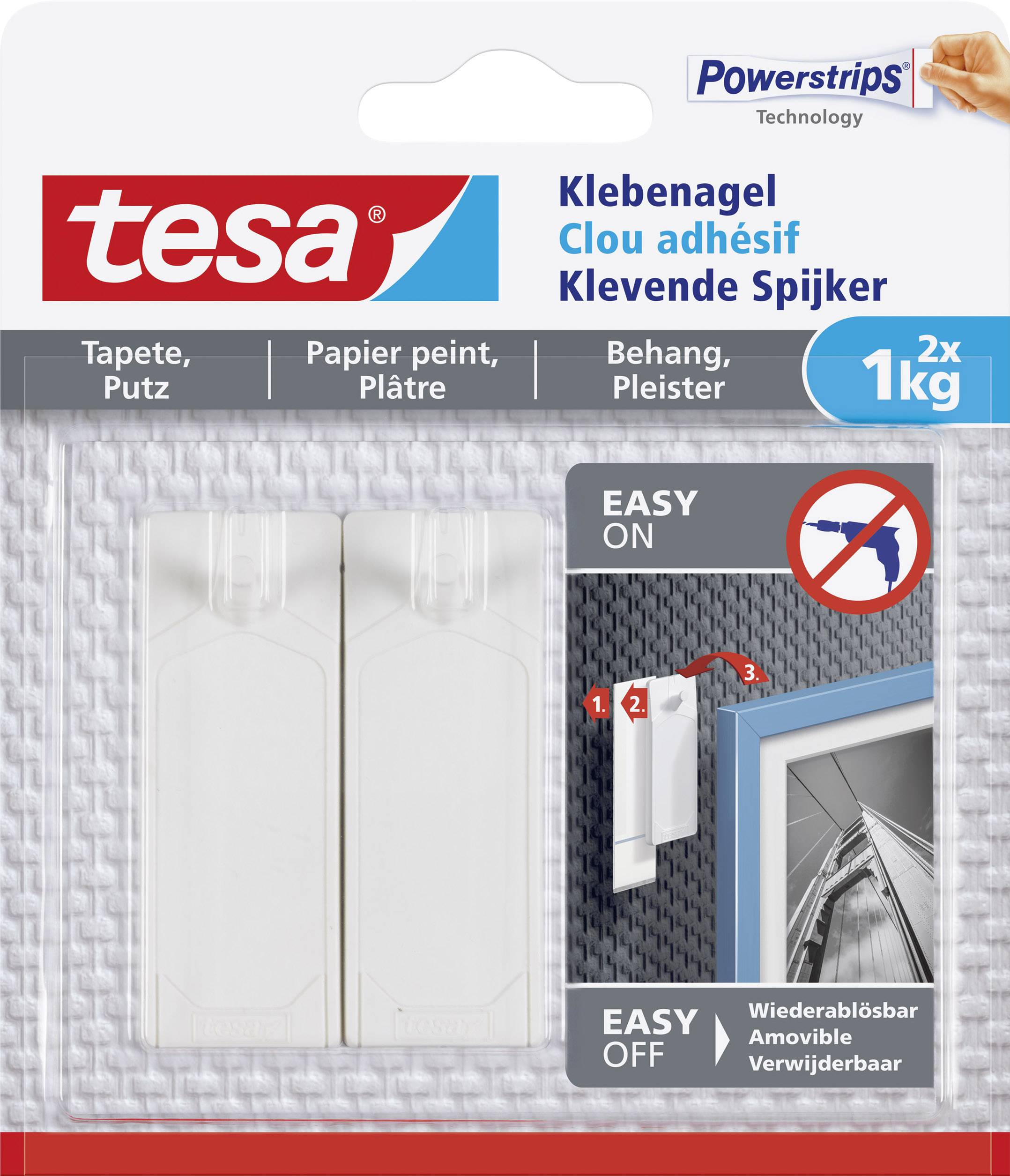 'Förpackning för tesa klisterspik för tapeter och puts, 1 kg bärkraft, återigen avtagbar. Bilden visar enkel användning.'