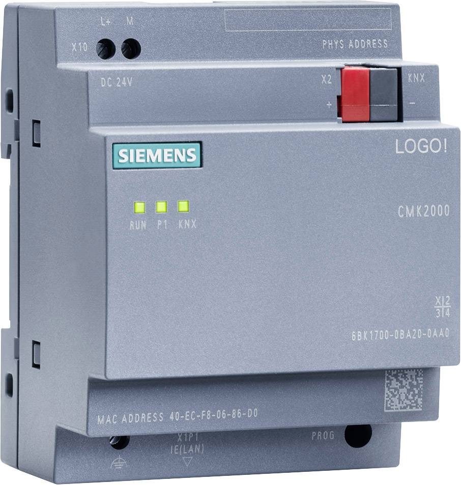 Grå elektronisk enhet med Siemens-logotyp som visar LED-lampor med "RUN P1 KNX", märkt med fysisk adress och MAC-adress.
