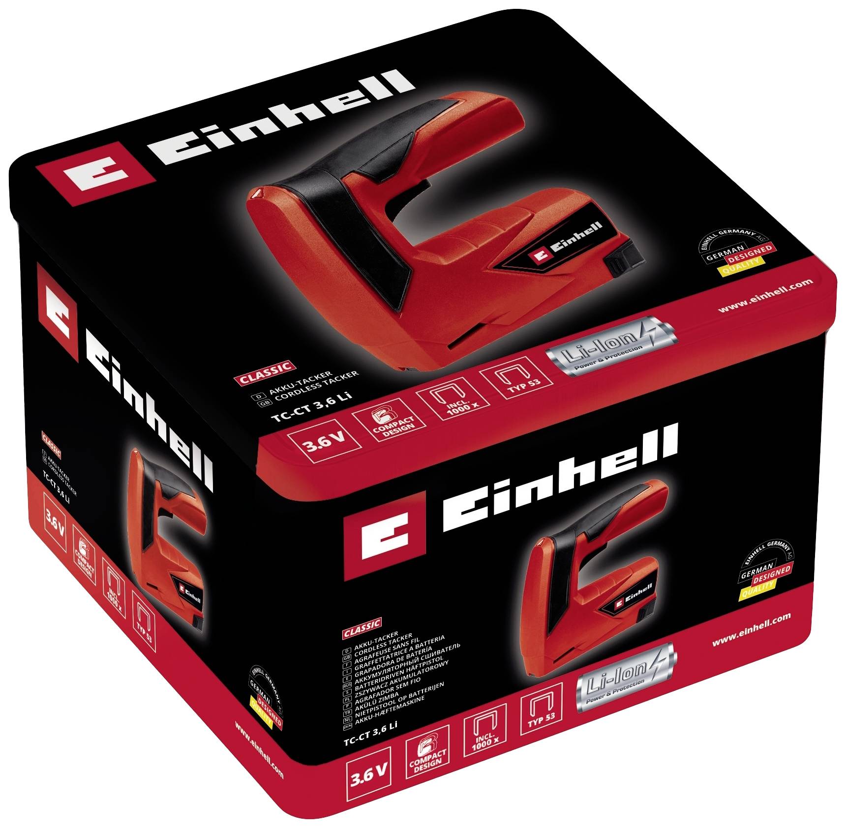 En röd batteridriven häftpistol från Einhell i en svart förpackning med produktbeteckningar och tekniska detaljer i vitt och rött.