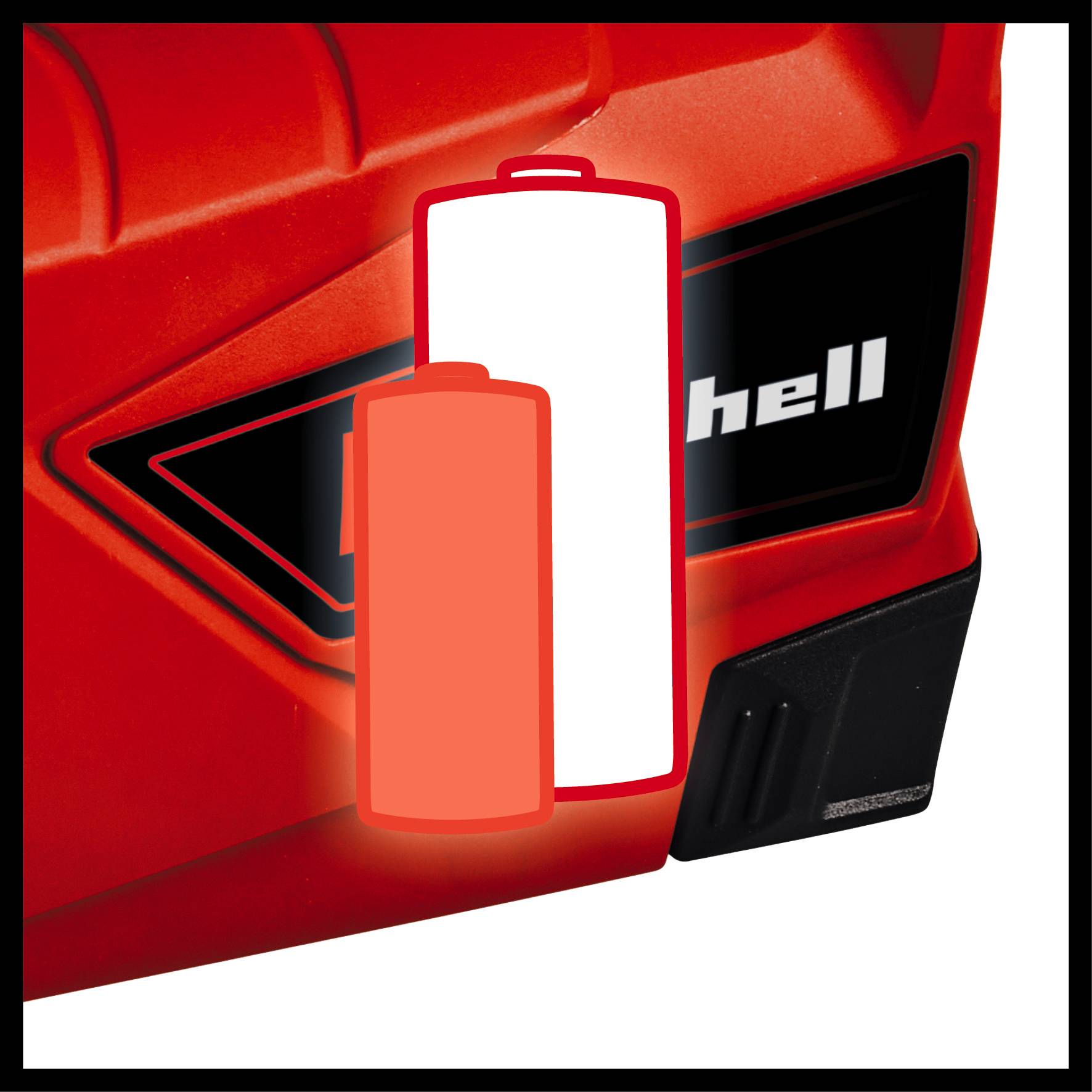 Ett rött verktyg med en symbol av två batterier, varav ett är ifyllt i rött. Varumärkesnamn i bakgrunden.