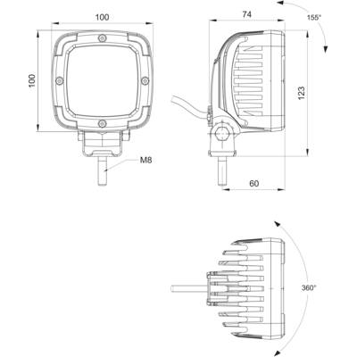 Teknisk ritning av en rektangulär strålkastare med dimensioner. Visar fram-, sido- och toppvy. 360° roterbar, M8-anslutning.