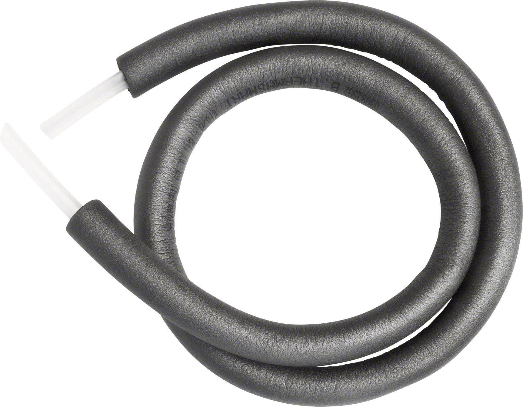 En svart isoleringsslang är formad till en spiral, varigenom den vita slangen inuti delvis är synlig.