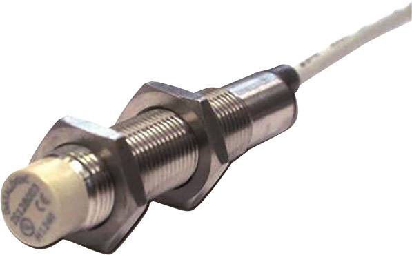 Cylindrisk metallisk närsensor med kabelanslutning, lämplig för industriell automation och objektdetektering.