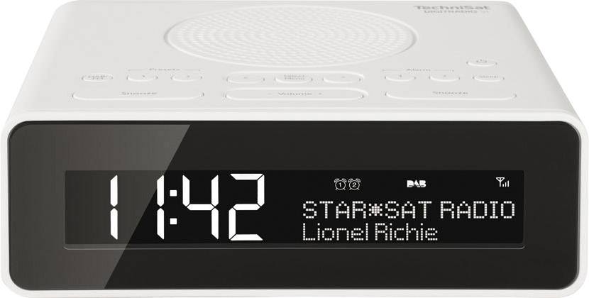 Digital radioklocka med vitt hölje visar '11:42' och spelar 'STAR*SAT RADIO' av Lionel Richie.
