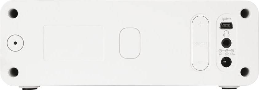 Baksidan av en elektronisk enhet visar anslutningar för ström, nätverk, en uppdateringsport och flera kontrollknappar.