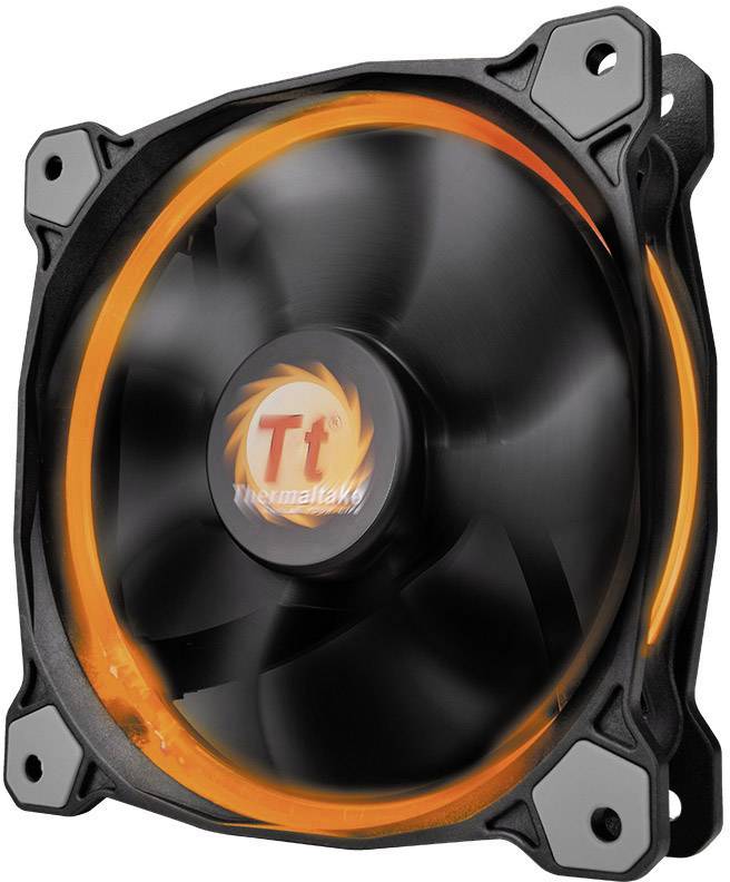 Svart datorfläkt med orange LED-ring och 'Thermaltake'-logotyp i mitten, lämplig för PC-kylning.