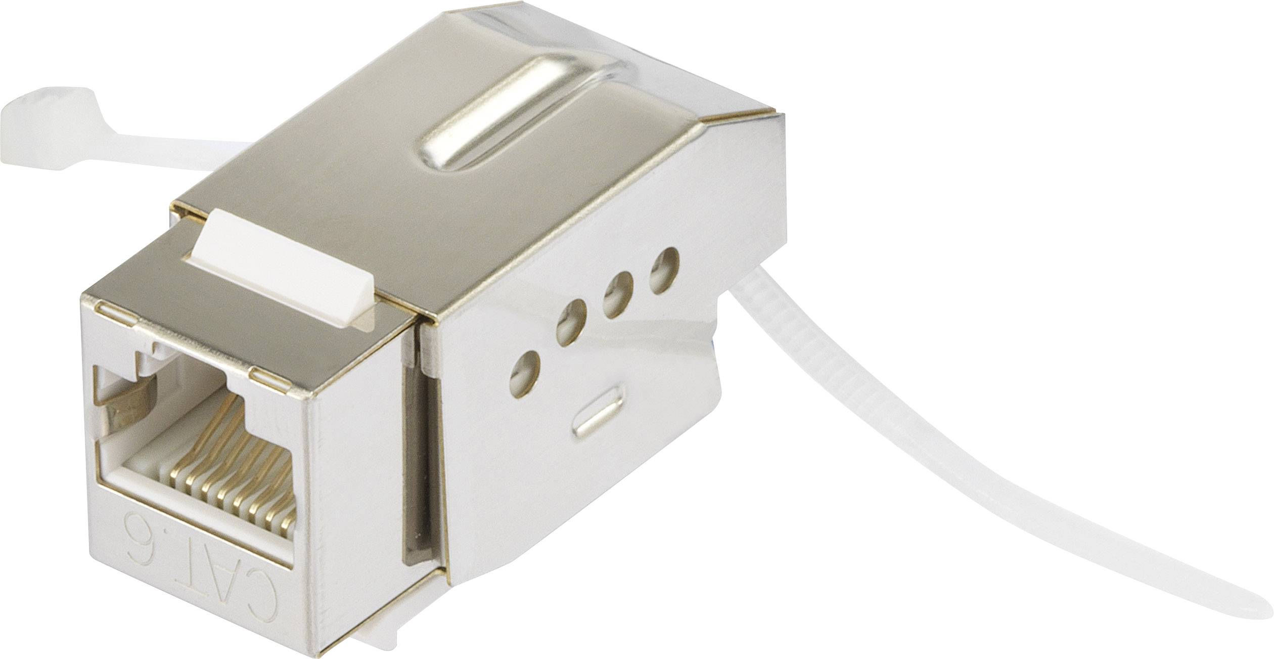 En silverfärgad RJ45-kontakt med CAT 6-märkning och kabelbindare, använd för nätverkskablage.