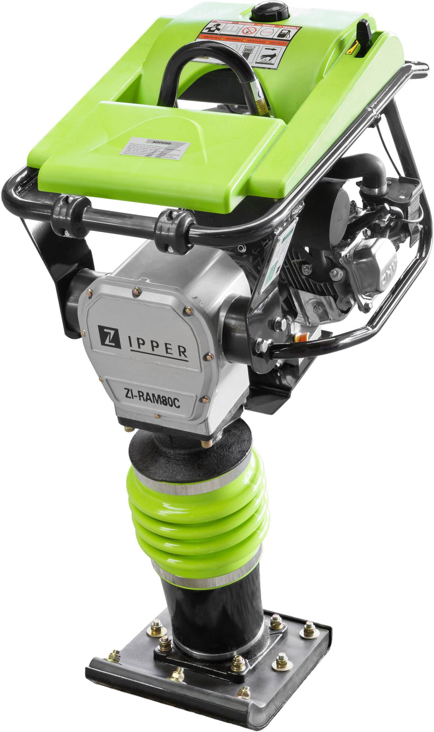 Stampfer med komplett vy i grönt hölje och svart ram. Motorblock med 'ZIPPER'-logotyp, kompakt för markpackningsarbeten.