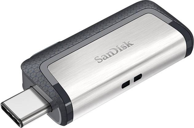 USB-sticka från SanDisk med USB-C och USB-A-anslutningar i silver- och svart hölje.