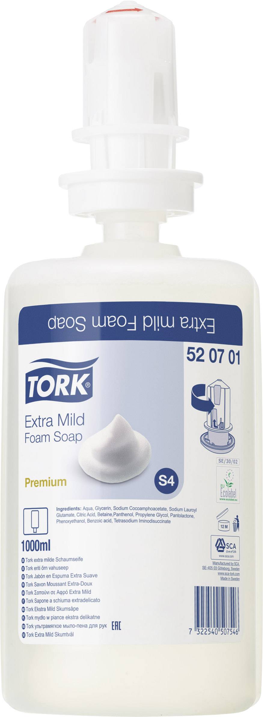 Dispenser med 'Tork Extra Mild Foam Soap', 1000 ml. Vitt skum avbildat. Lämplig för S4-system, premialkvalitet.