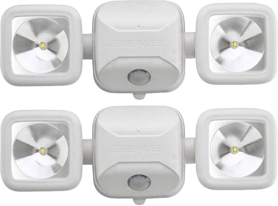 Två kvadratiska LED-strålkastare med rörelsesensor i mitten, lämpliga för utomhusbelysning.