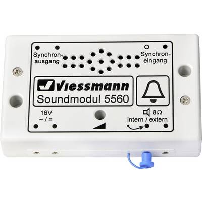 Viessmann Soundmodul 5560, vitt hölje med högtalargaller, märkning för synkroniserad utgång och ingång, 16V drift.