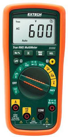 DigitalMultimeter Extech EX350 med orange hölje, visar '600 V AC' på displayen, många omkopplare och knappar för olika mätningar.