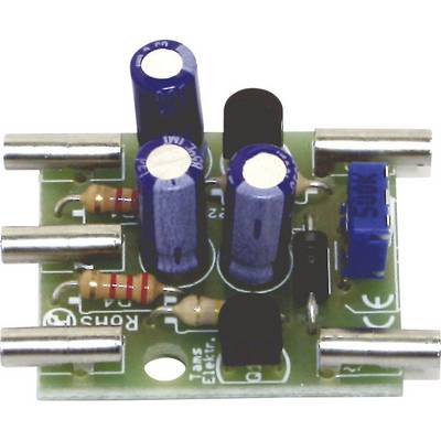 Liten grön kretskort med blå och svarta kondensatorer, silverfärgade komponenter och en blå potentiometer.