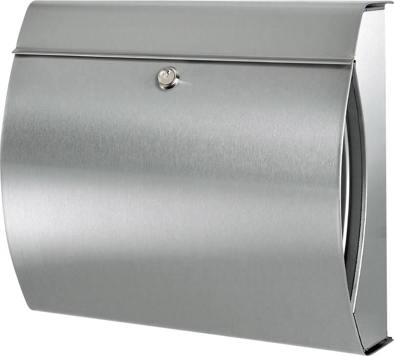 Metallbrevlåda med välvd design, silverfärg, med lås centrerat överst.