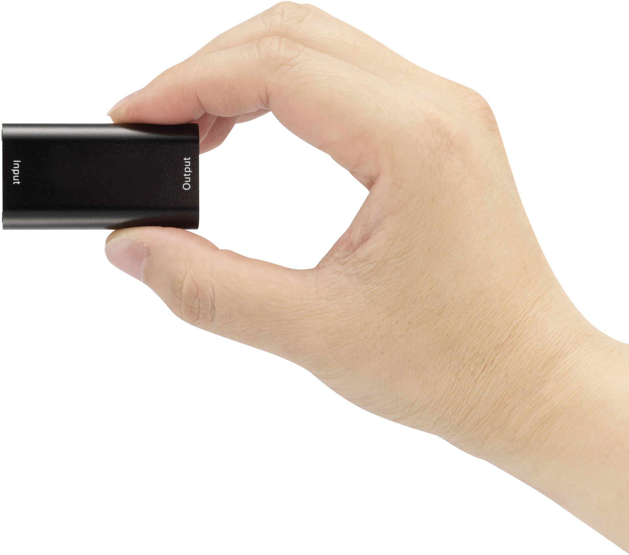 En hand håller en liten rektangulär adapter märkt med 'Input' och 'Output'.
