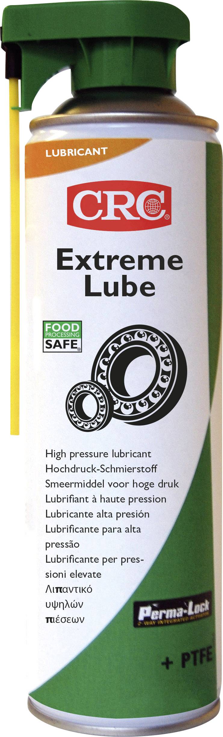 Dos med "CRC Extreme Lube" smörjmedel, lämplig för högt tryck, livsmedelsgodkänd, med PTFE, avbildad med etikett på flera språk.