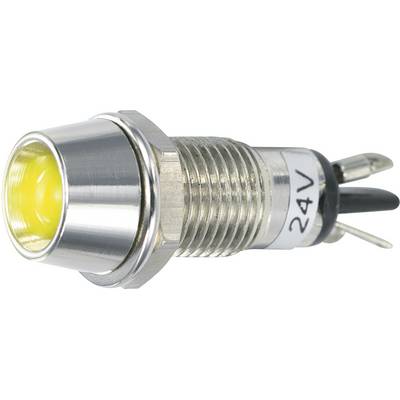 Metallisk strömbrytare med gul LED-indikator och '24V'-märkning bredvid förlängningsledningar. Lämplig för elektriska tillämpningar.