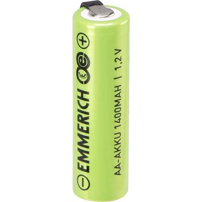 Grön AA-batteri från märket Emmerich med 1,2V och 1400mAh kapacitet, lämplig för olika elektriska enheter.