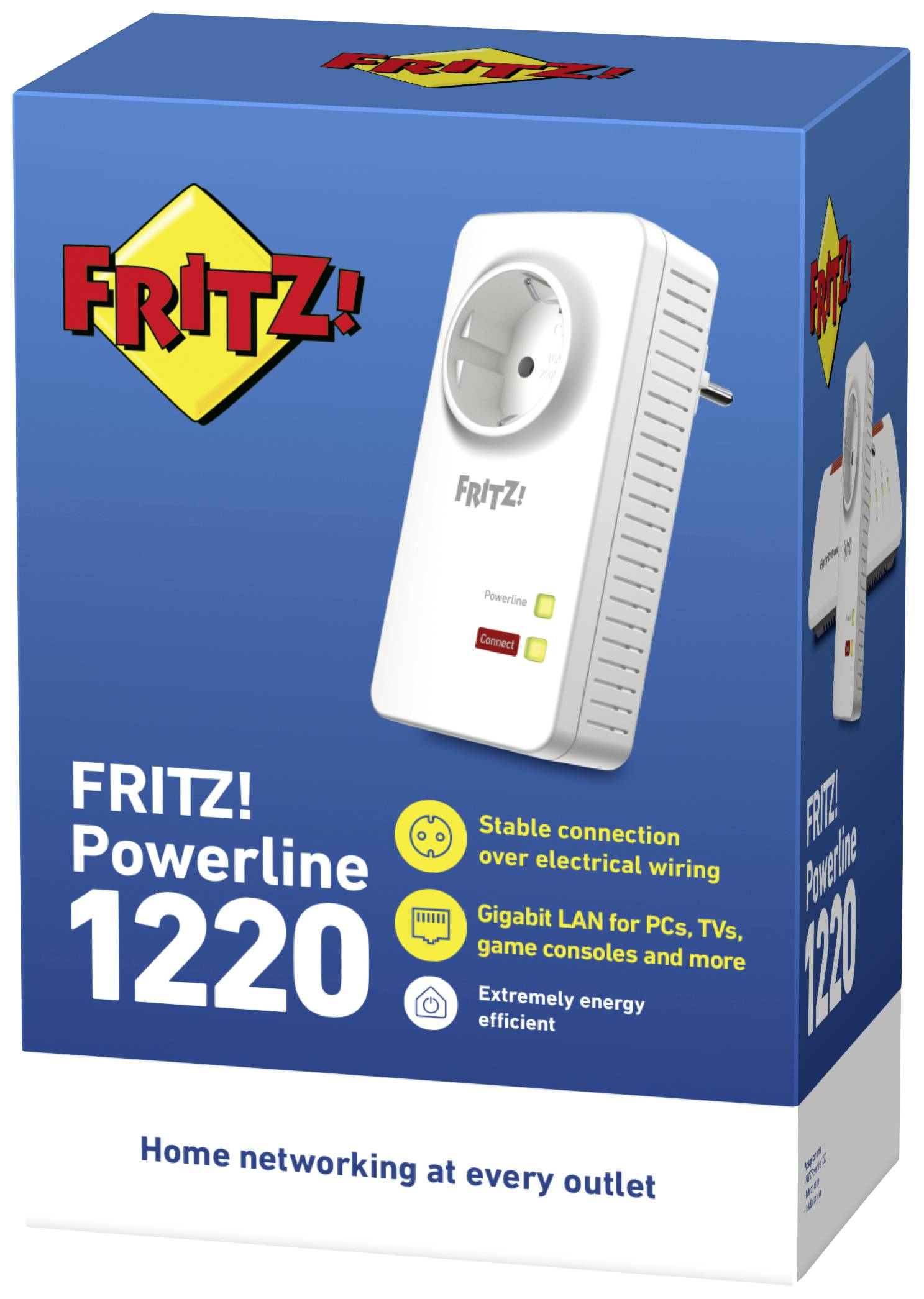 Förpackning för en 'FRITZ! Powerline 1220' enhet. Erbjuder stabil anslutning via elnätet, Gigabit-LAN och är energieffektiv.