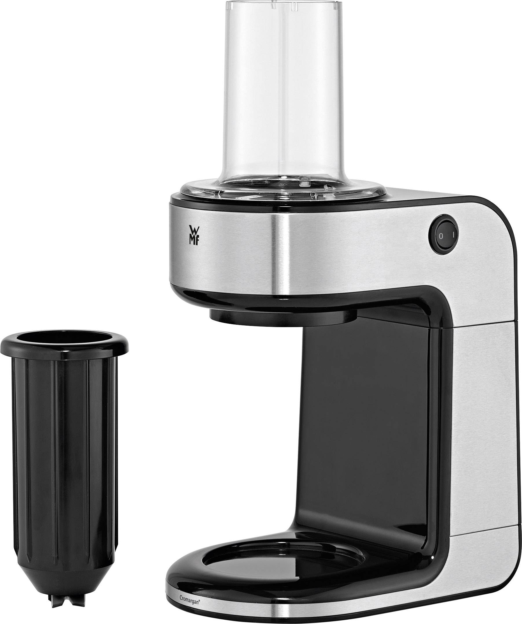Kaffebryggare i rostfritt stål med svart filterhållare bredvid. Modernt design, kompakt och fristående.