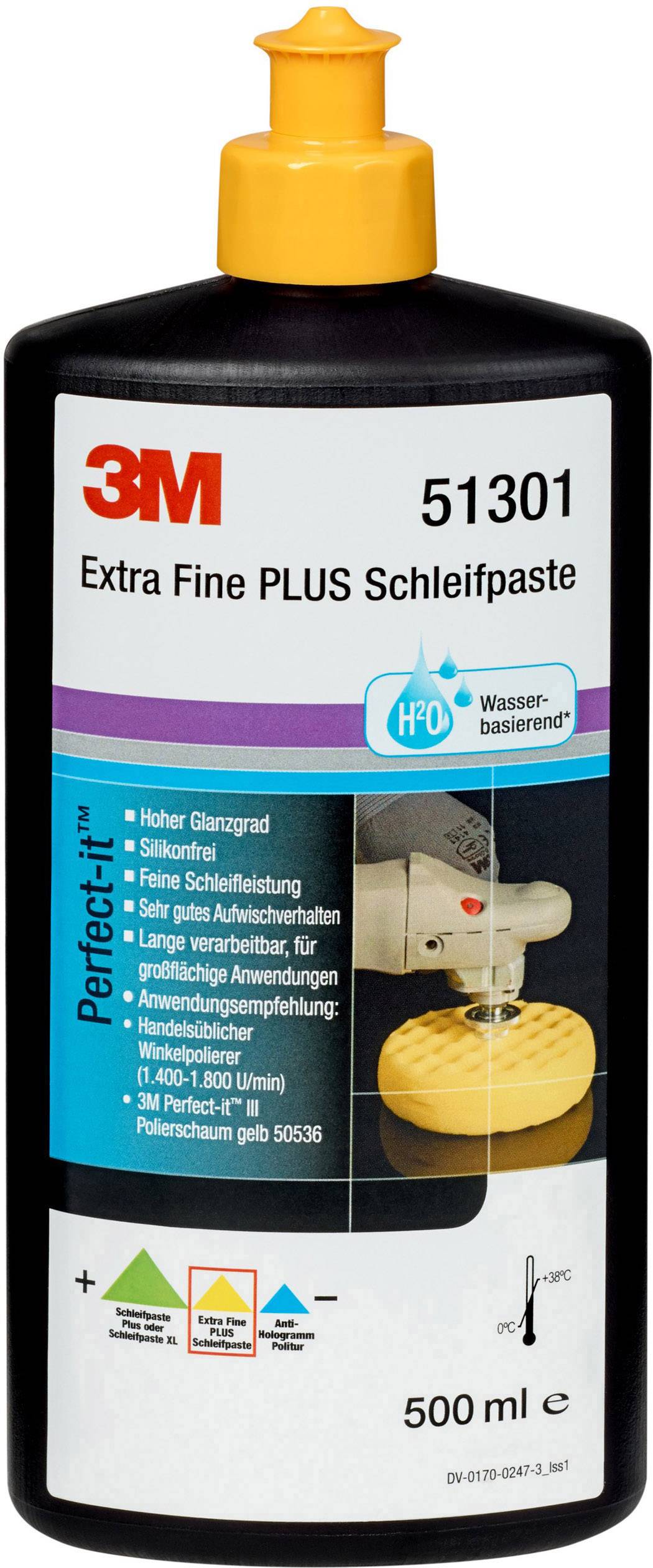 Svart flaska med gul kork, 3M slippasta 'Extra Fine PLUS' Perfect-it™-serien, vattenbaserad, 500 ml.