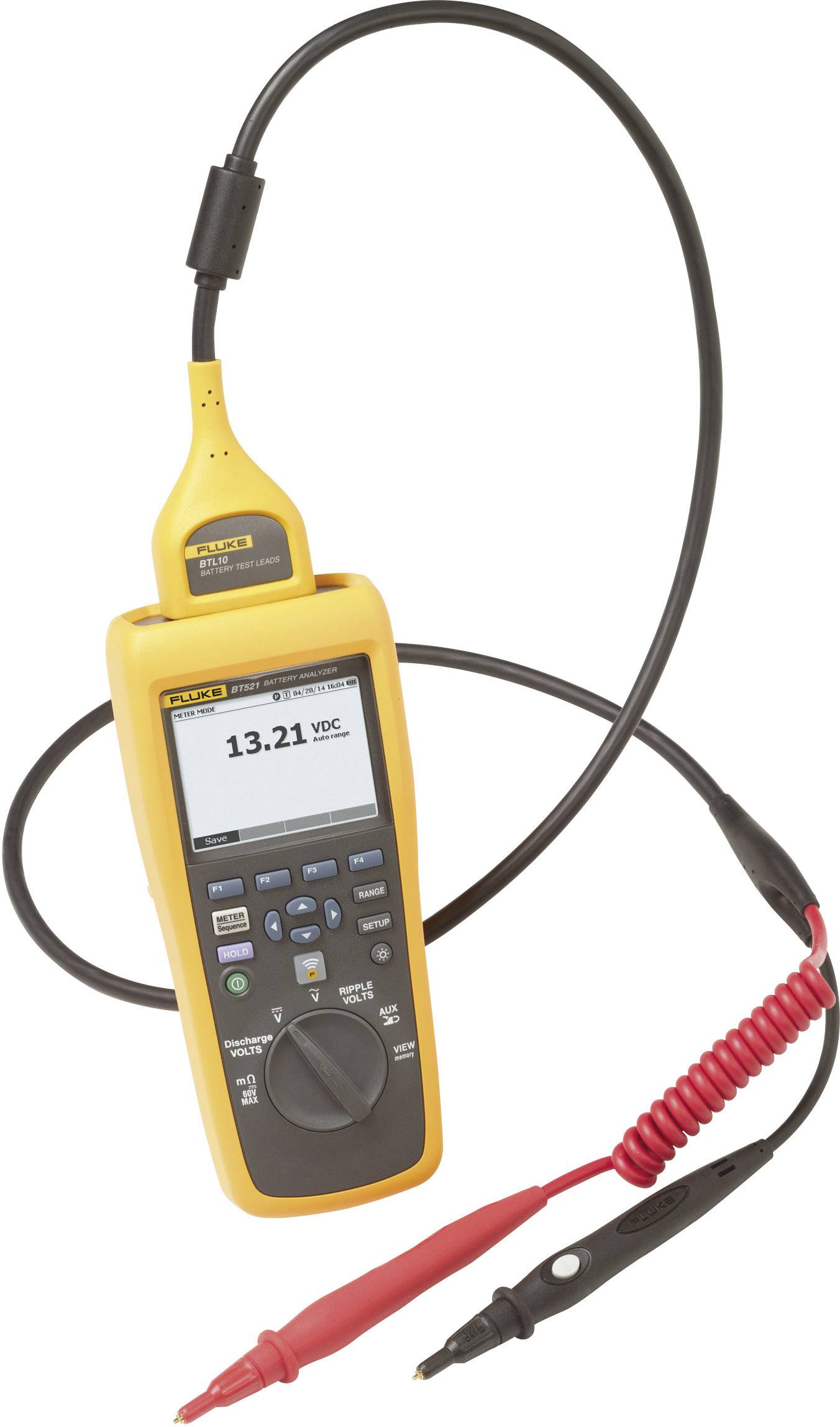 Fluke-digitalmultimeter visar en spänning på 13,21 VDC, med mätsladdar. Används för att mäta elektriska parametrar i tekniska miljöer.