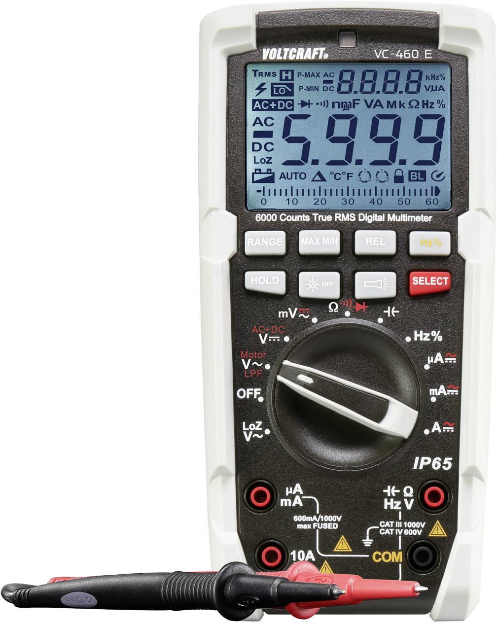 Ett digitalt multimeter med displayvisning. Visar olika mätvärden som spänning och ström. Varumärke högst upp, mätsladdar nedtill.