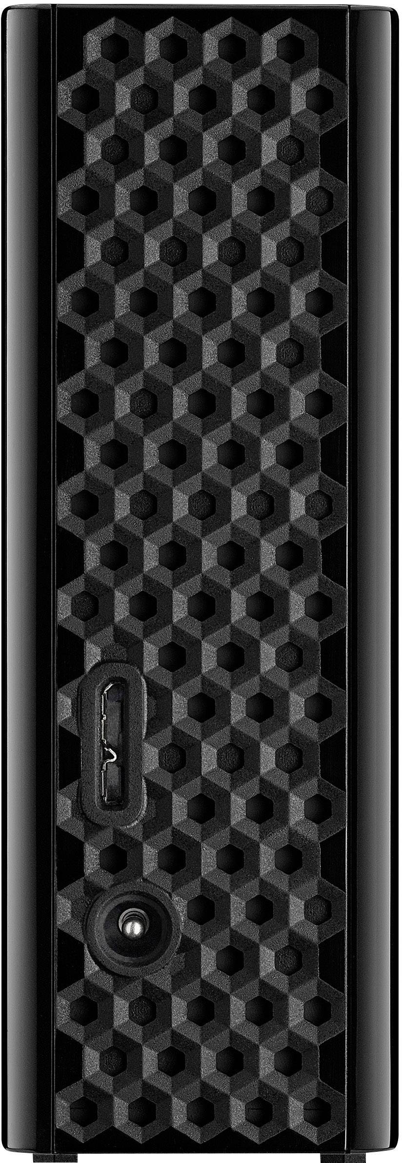 Extern hårddisk med svart, geometriskt gittermönster. Utrustad med en USB-port och en LED-indikator på framsidan.