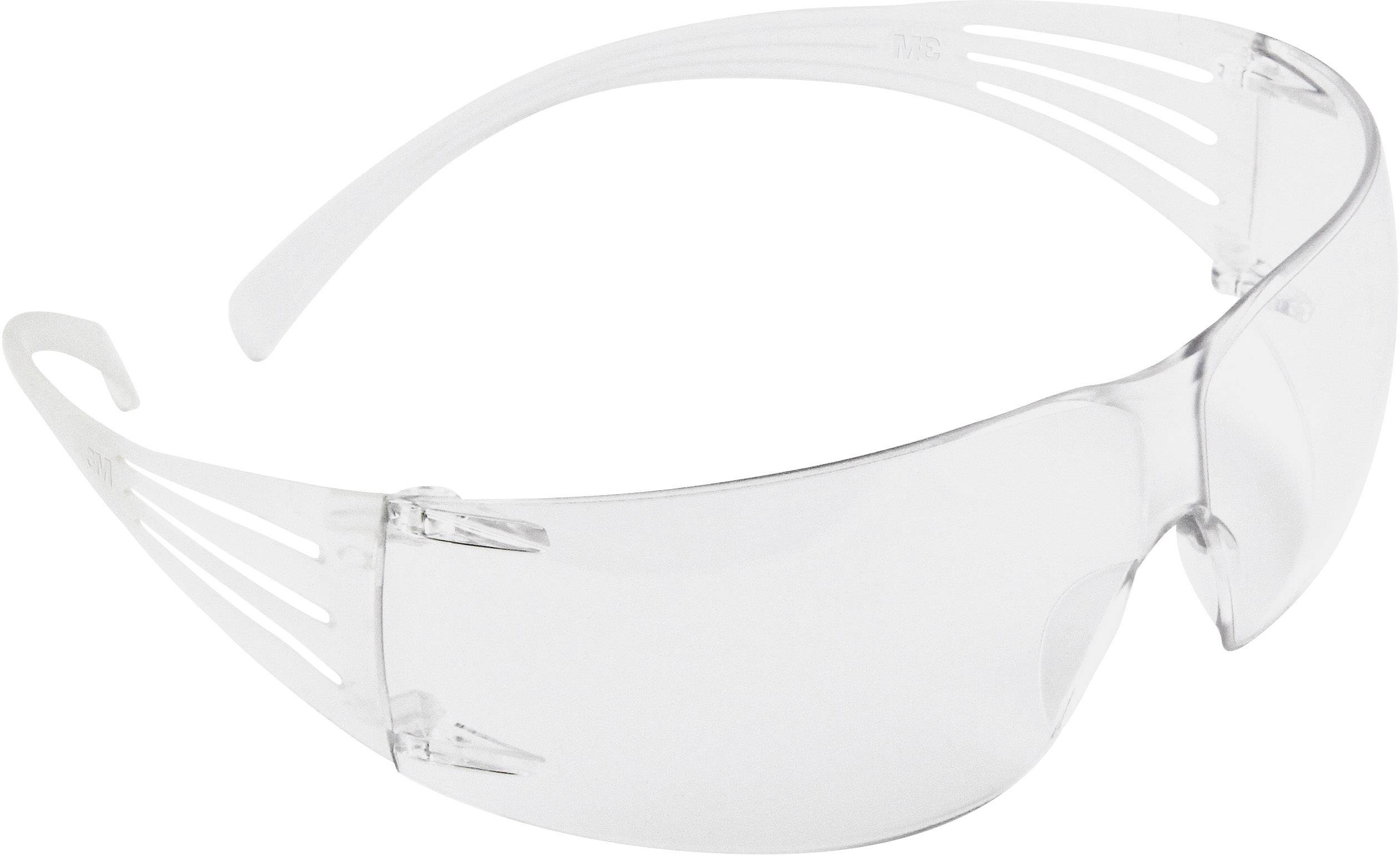 Skyddsglasögon i transparent plast, böjda glas och bågar för förbättrat sidoskydd, utan ytterligare dekorativa element.