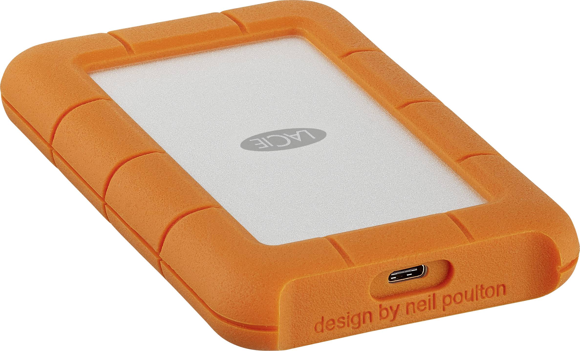 En orange extern hårddisk från LaCie med en USB-anslutning. Designad av Neil Poulton.