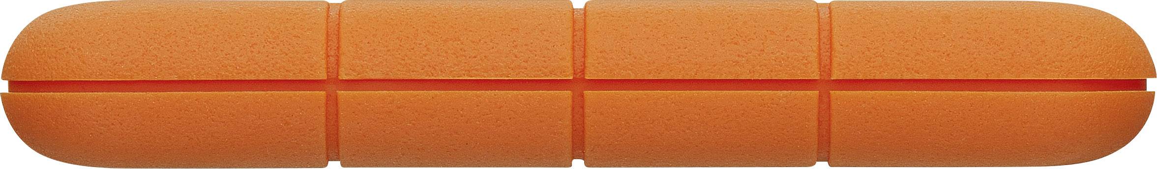 Orange USB-hårddisk med robust, stöttåligt hölje, cylinderformad och i lysande orange färg.