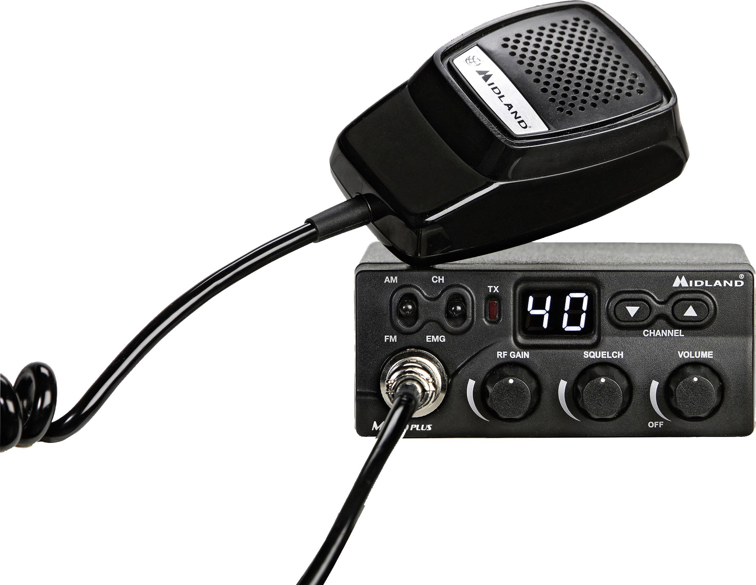 CB-radioapparat med mikrofon och kanaldisplay som visar '40'. Apparaten har vred för volym, brusreducering och RF-förstärkning.
