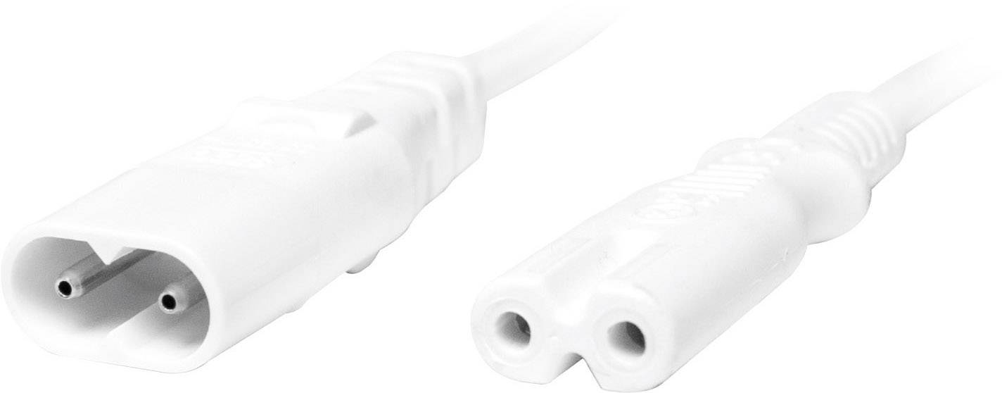 Två vita elkabelkontakter: till vänster en hona med två hål, till höger en hane med två stift.