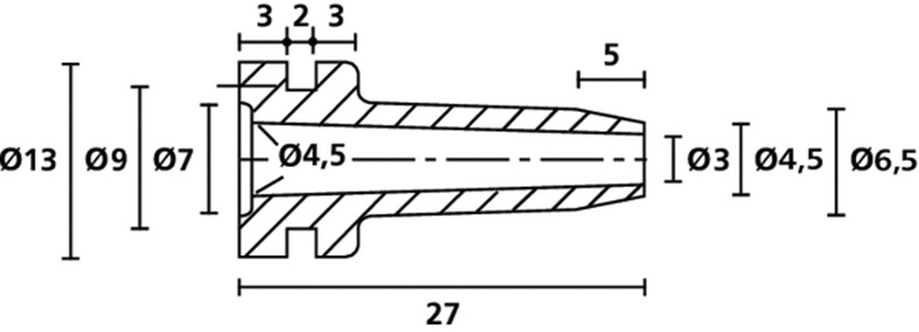 Teknisk ritning av en komponent. Mått: Längd 27, diameter från 6,5 till 13, kärndiameter 4,5. Detaljvy i genomskärning.