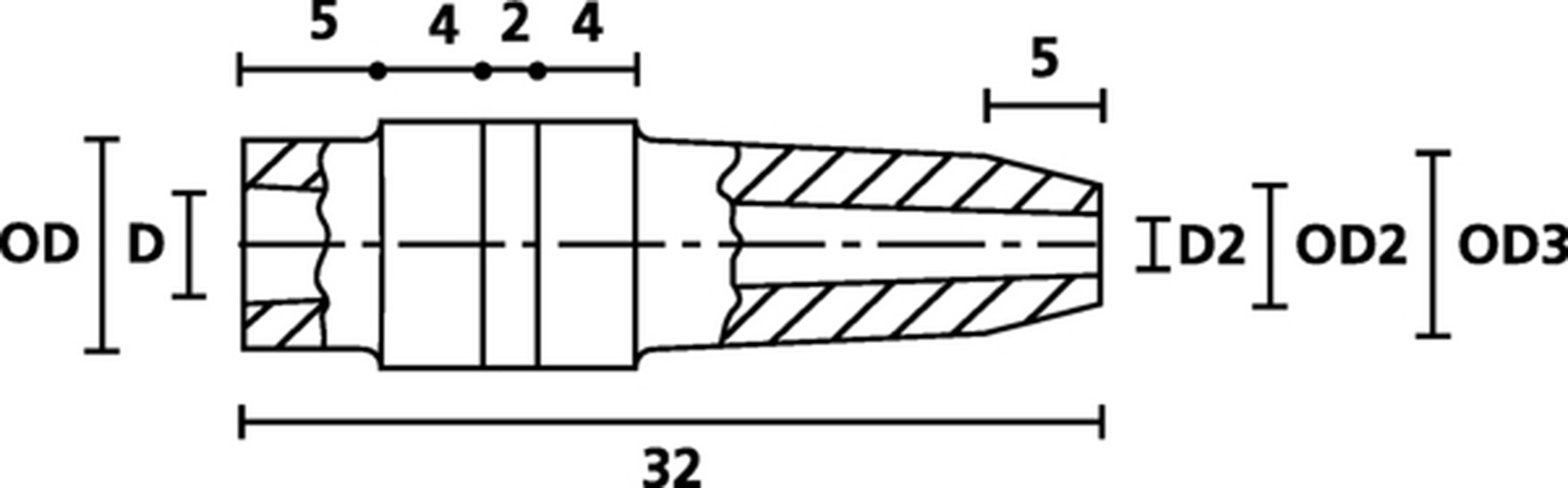 Teknisk ritning av en rörkoppling med dimensioner: ytterdiameter (OD), innerdiameter (ID2), olika längdangivelser.