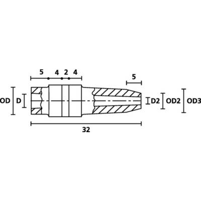 Teknisk ritning av en rörkoppling med dimensioner: ytterdiameter (OD), innerdiameter (ID2), olika längdangivelser.