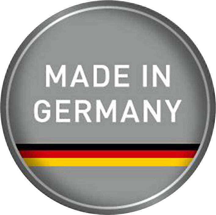 'Made in Germany' i vit text på grå bakgrund. Under detta svart-röd-guldrandade ränder som representation av den tyska flaggan.