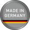 'Made in Germany' i vit text på grå bakgrund. Under detta svart-röd-guldrandade ränder som representation av den tyska flaggan.