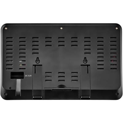 Bakifrån en svart elektronisk enhet med flera ventilationsöppningar och en DC 5.0V-anslutning, stativ utfällt.